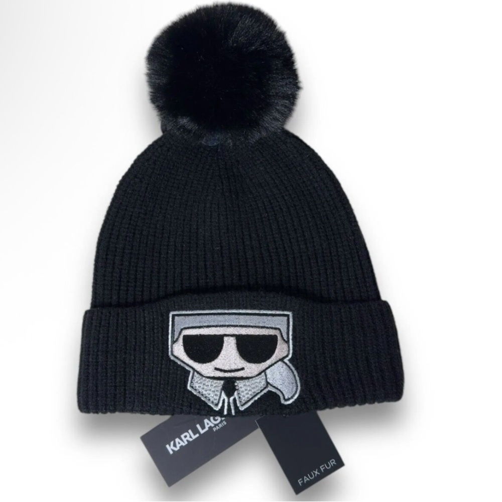 Karl Lagerfeld Black Beanie with Cartoon Patch